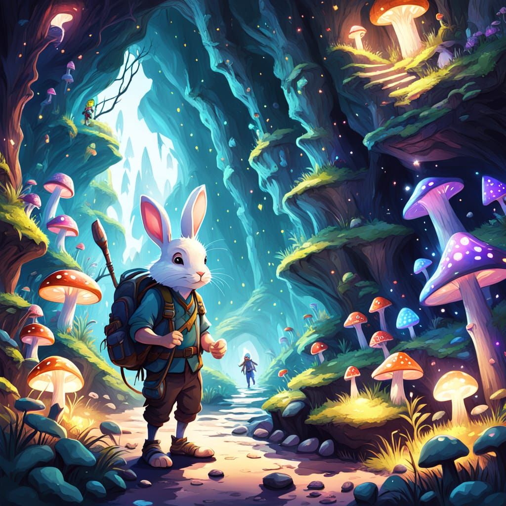 Rabbit Adventurer Explores Magical Caves with Elves