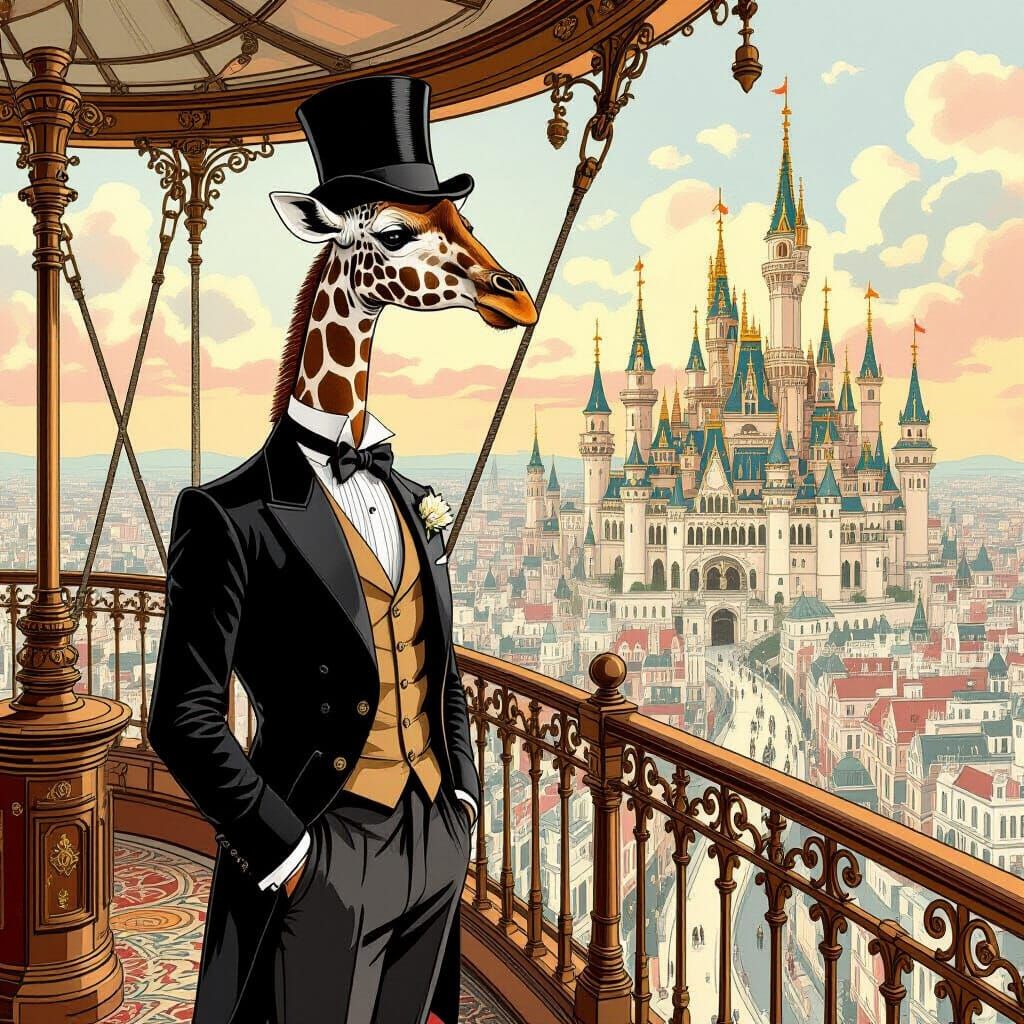 Giraffe Gentleman on Dirigible Deck, Painterly Style