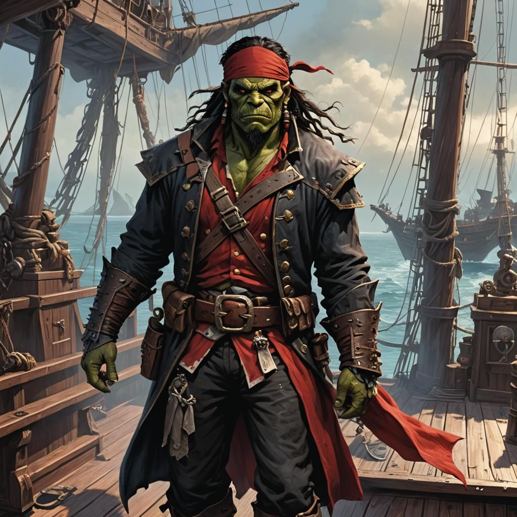 Half-Orc Pirate Captain on Deck, Digital Art