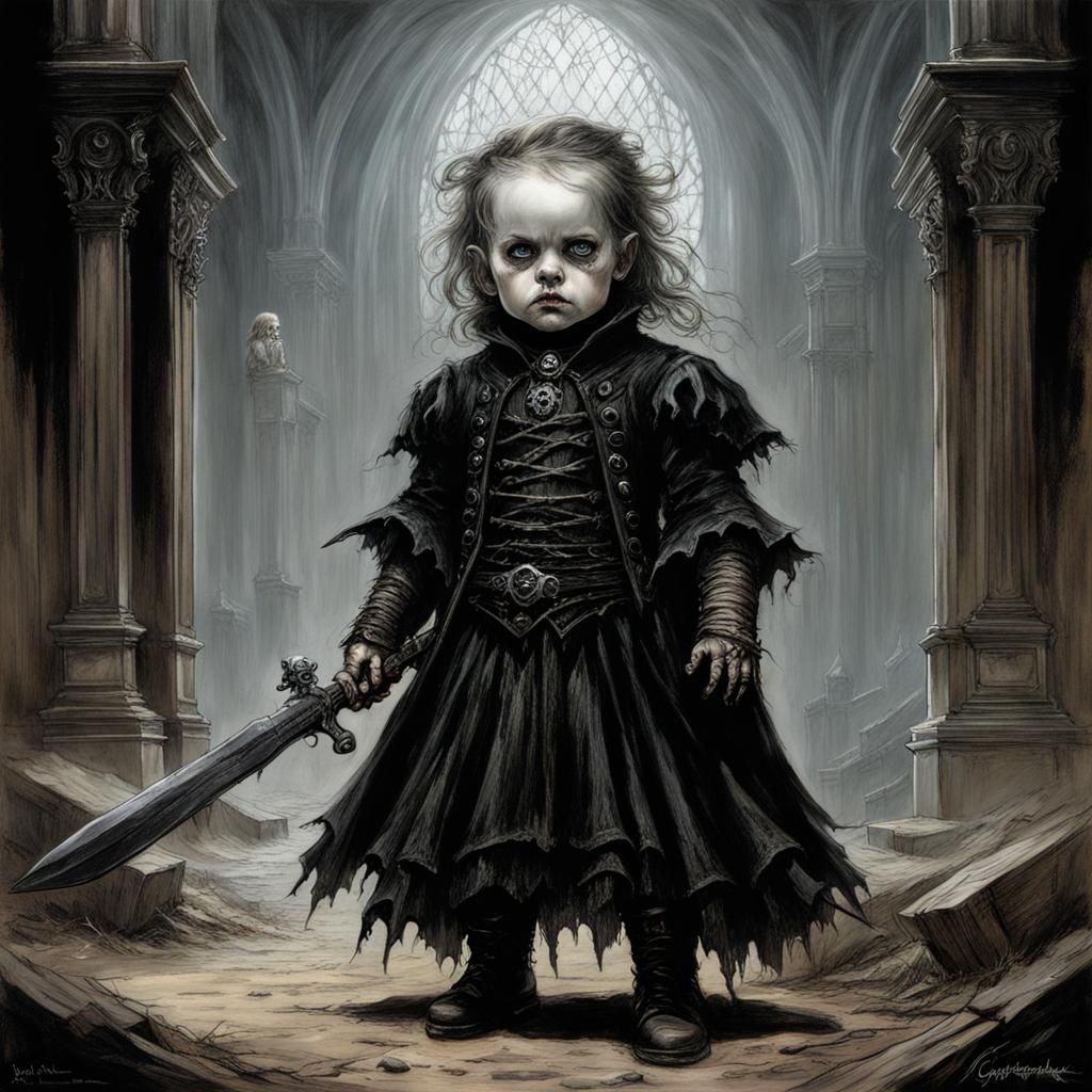 Gothic Toddler in Luis Royo Style Horror Scene