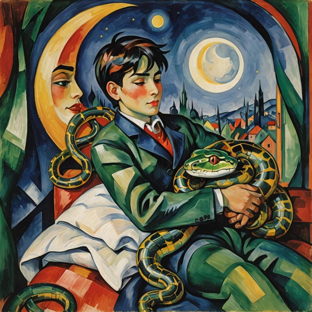 Boy Hugging Snake in Abstract Expressionist Style