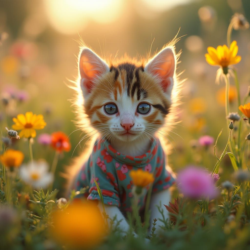 Whimsical Calico Kitten Amidst Colourful Wildflowers in Film...