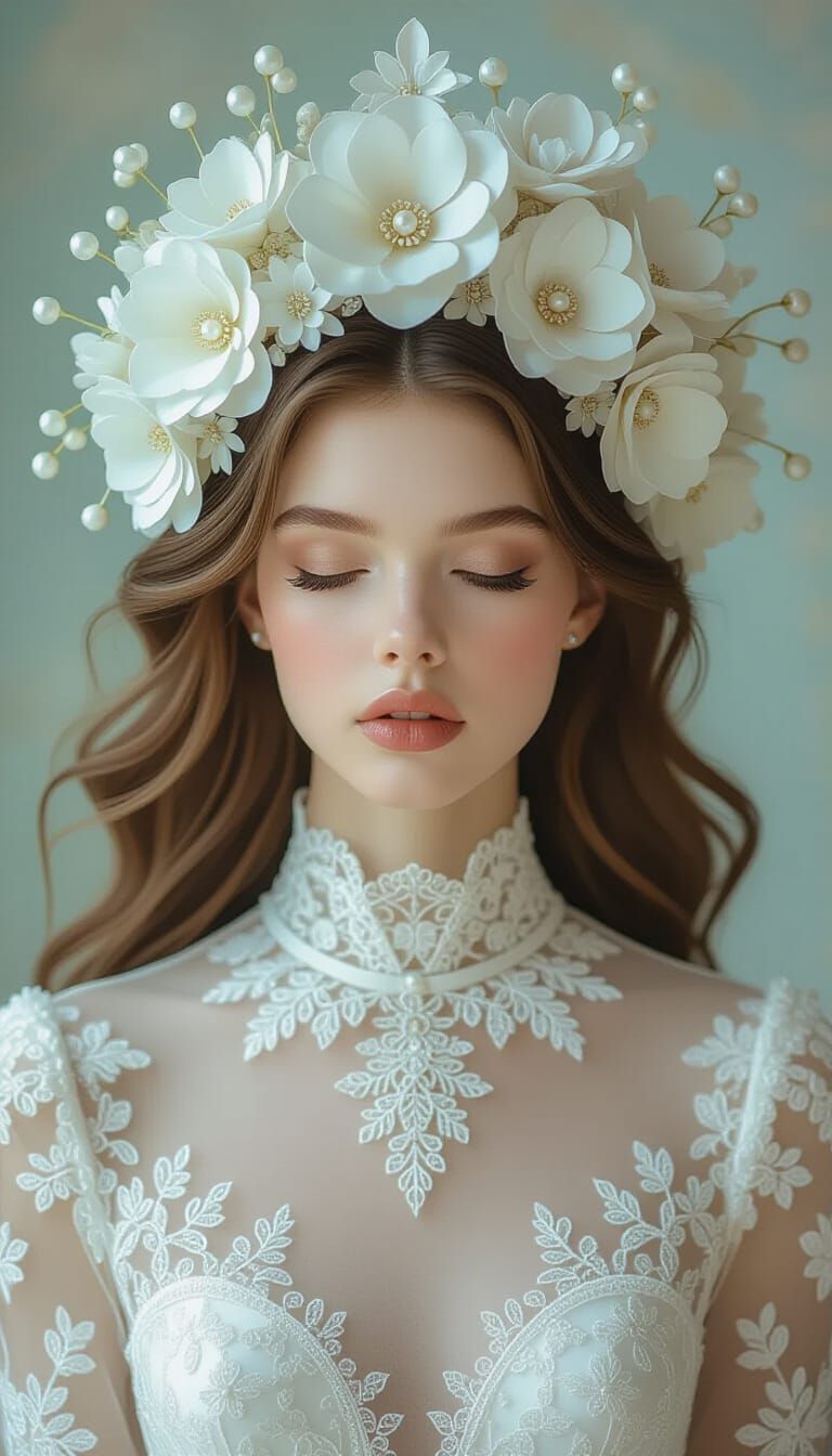 Ethereal Woman in Floral Couture: High-Fashion Fantasy