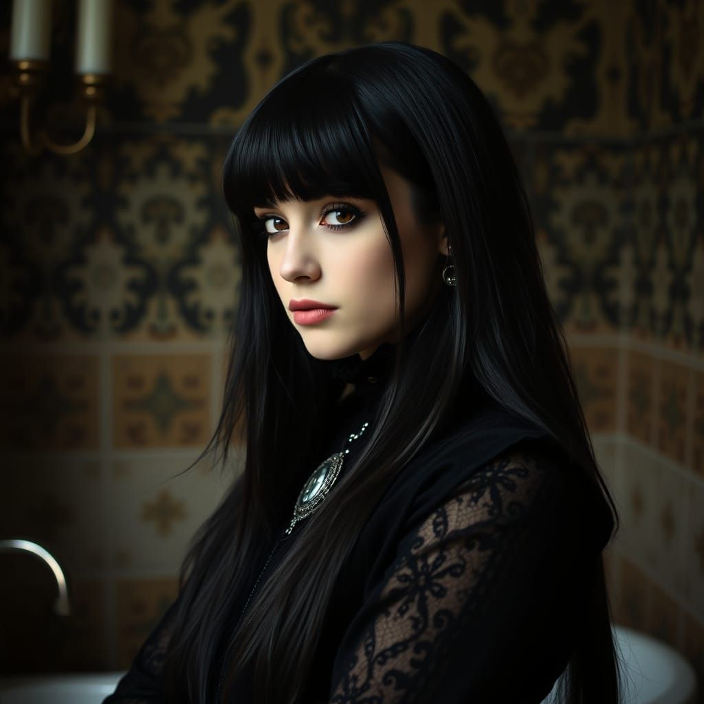Gothic Woman with Long Black Hair and Orange Eyes