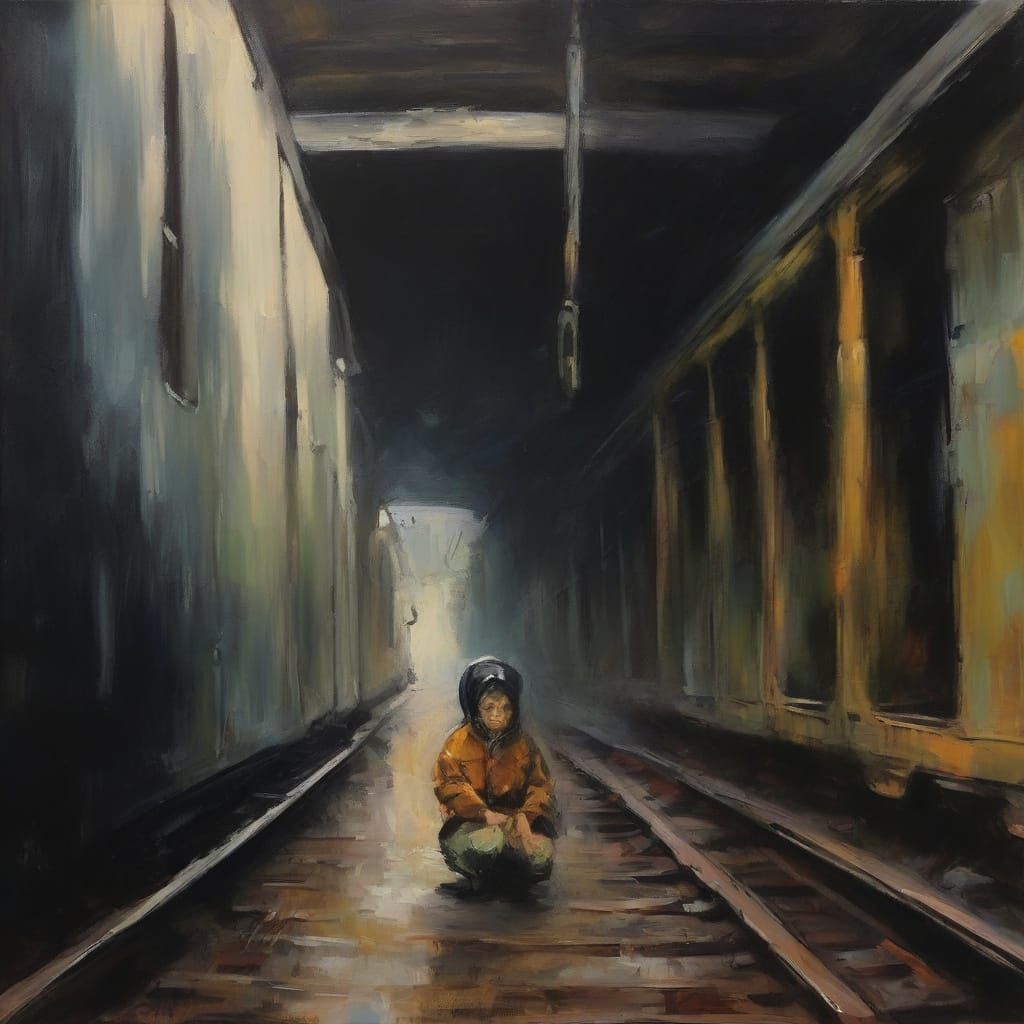 Expressionist Painting of Person Diving Under Train