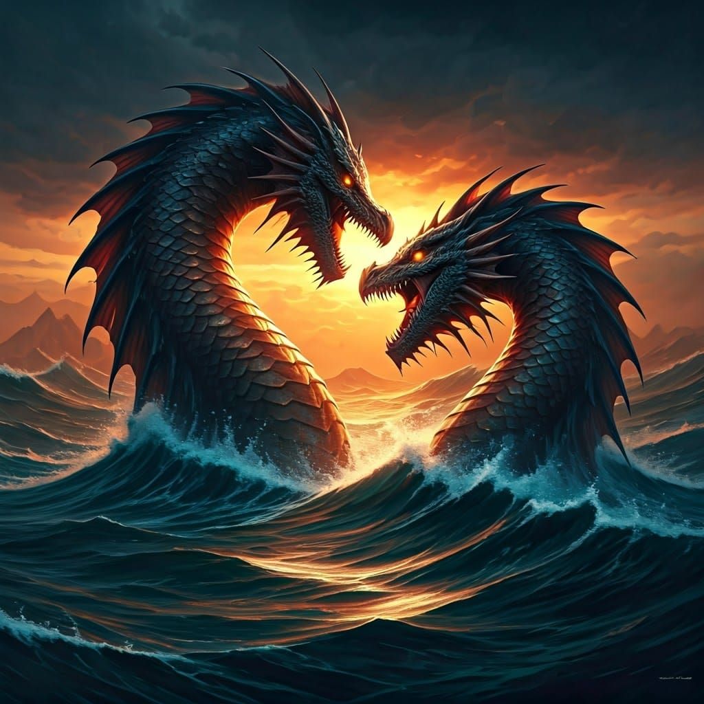 Epic Battle: Viking Sea Monsters Clash in Fantasy Art