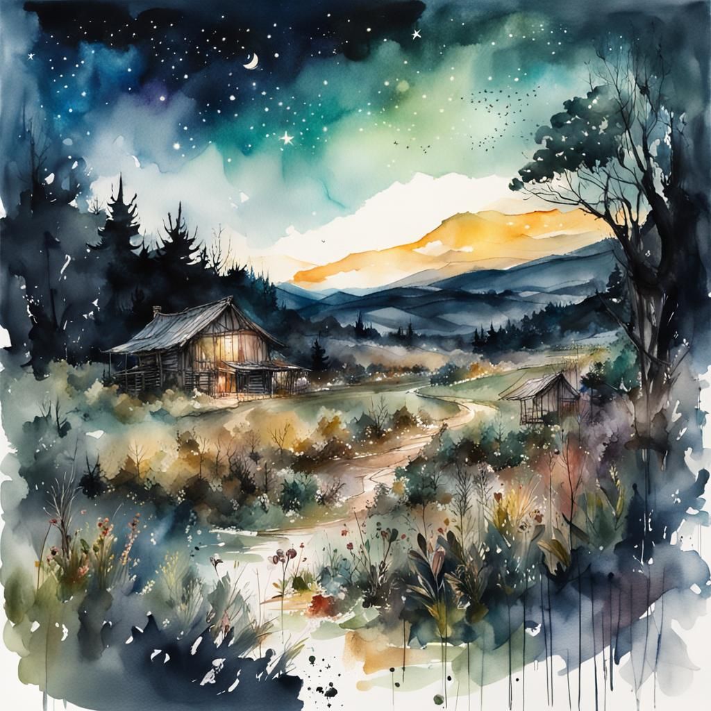 un paysage de campagne dans la nuit étoilée