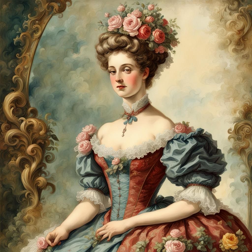 Rococo Painting of Victorian Lady on Vintage Paper