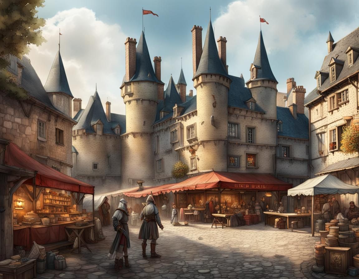 Medieval Market in Castle Square: Watercolor and Ink