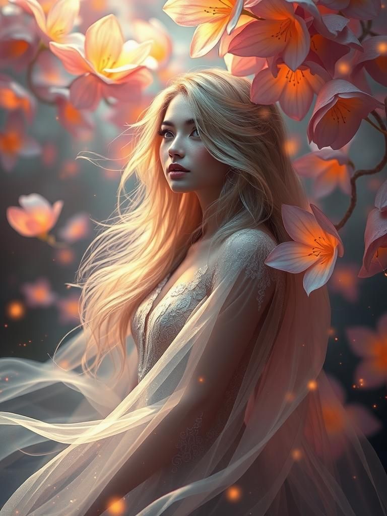 Ethereal Woman Surrounded by Magical Flowers