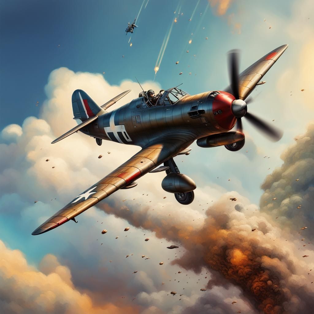 WWII Plane Falling: Hyperrealistic Splash Art