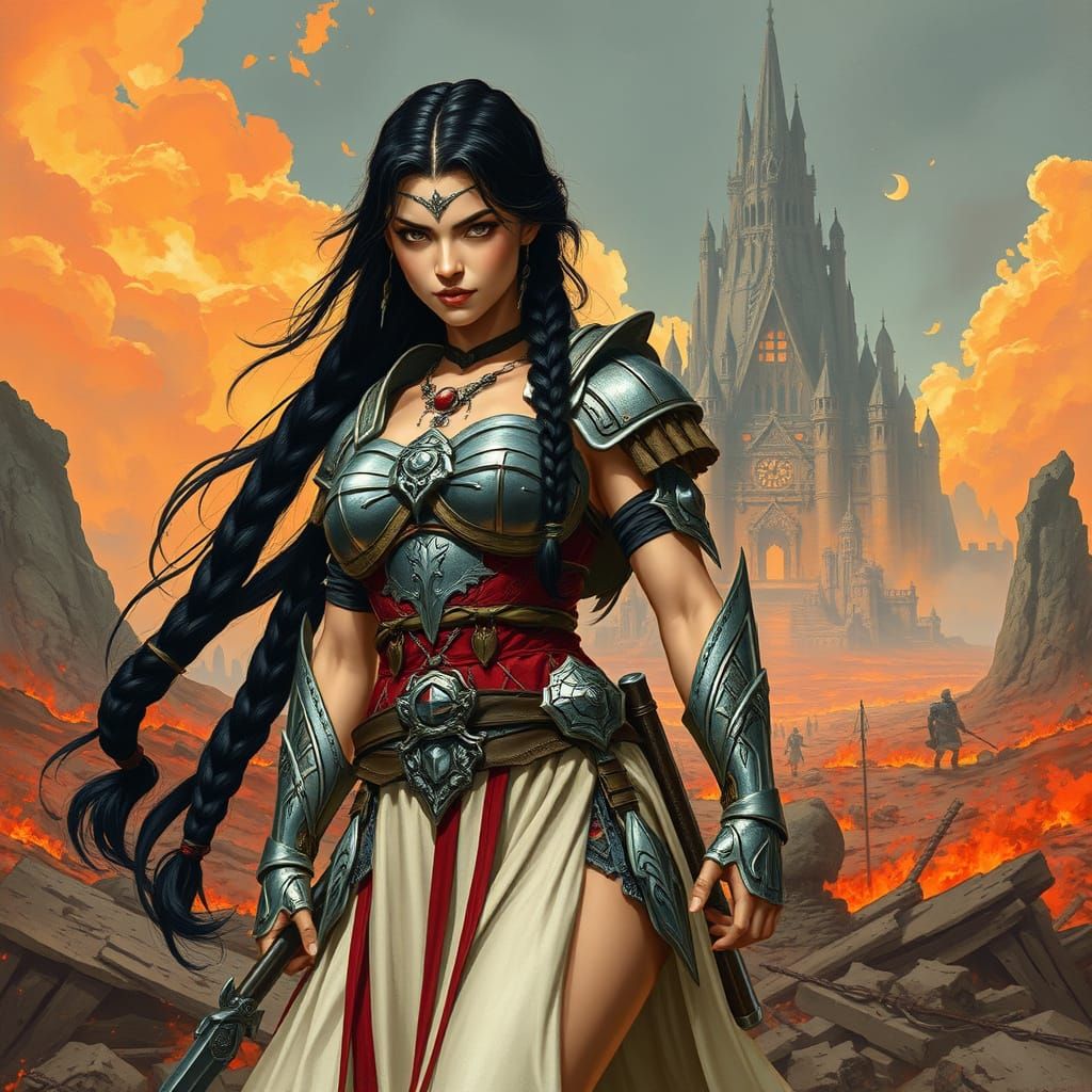 Warrior Princess on Battlefield in Art Nouveau Style