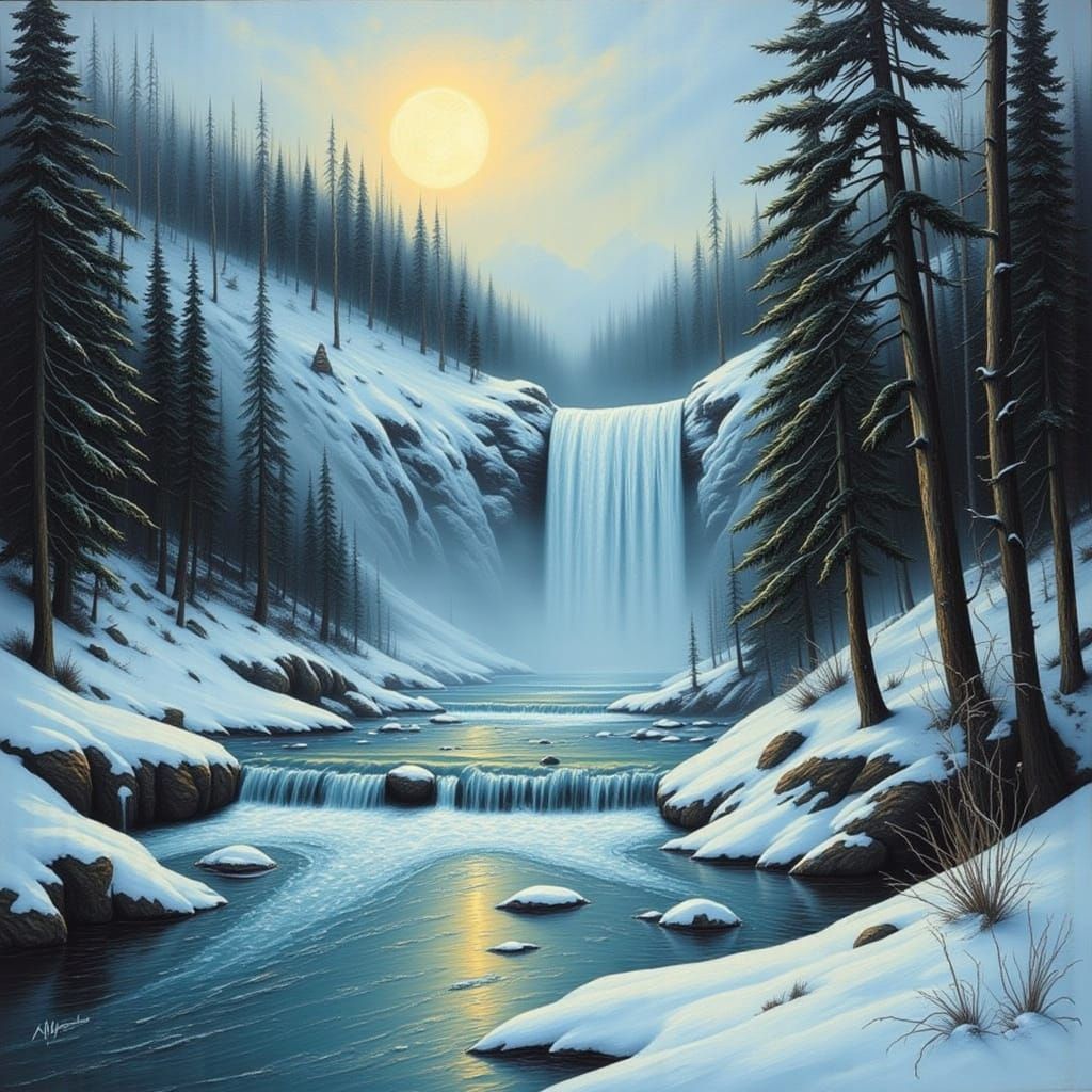 Impasto Winter Waterfall Painting