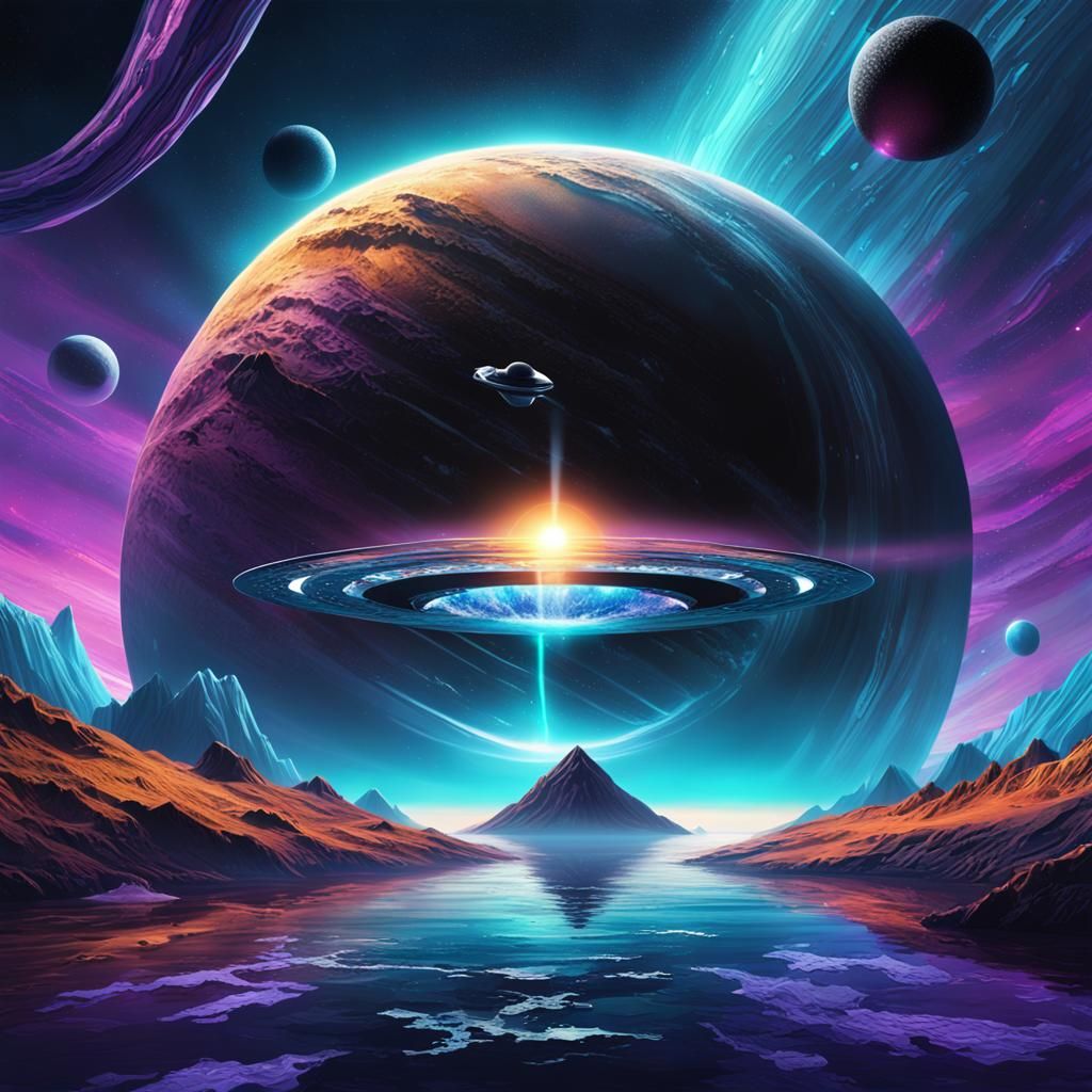 Ringed Planet with Black Hole: Sci-Fi Digital Art