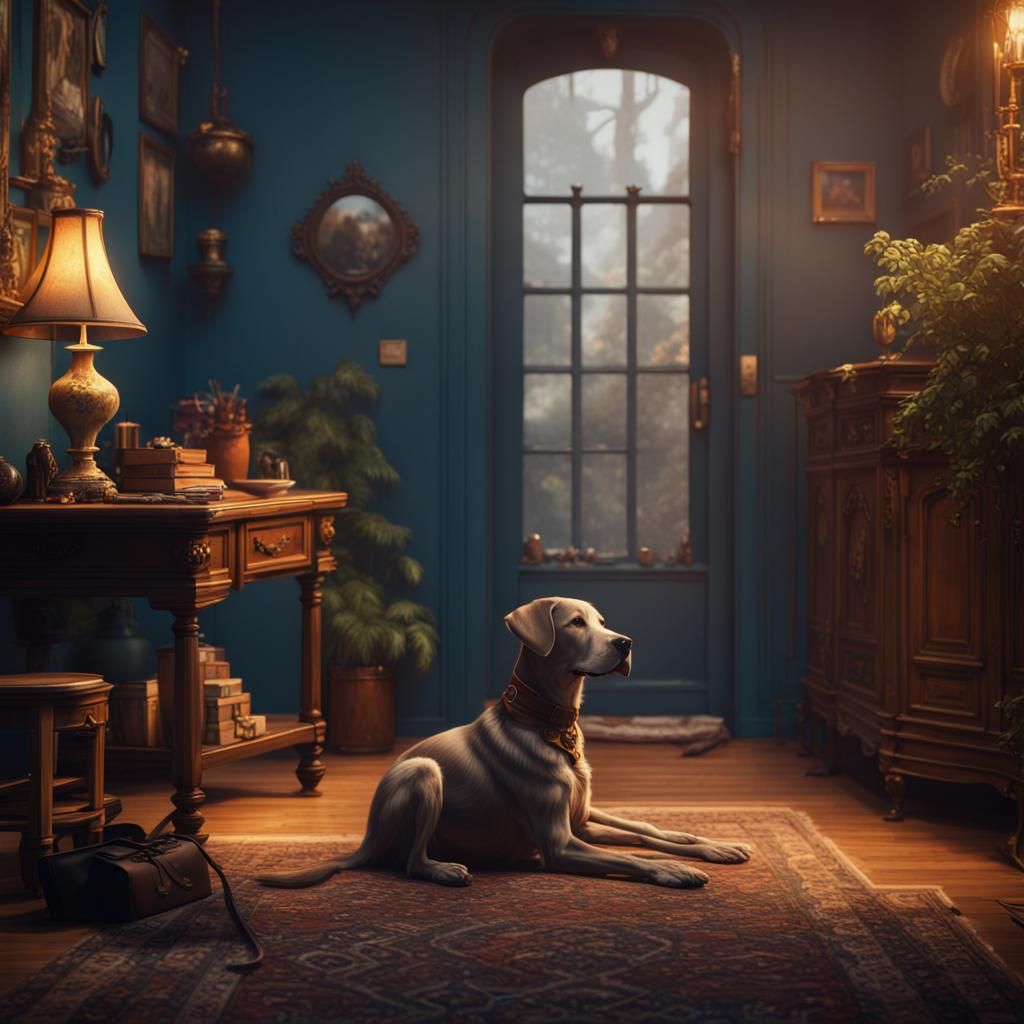 Dog Waiting: Detailed Matte Painting in Deep Color