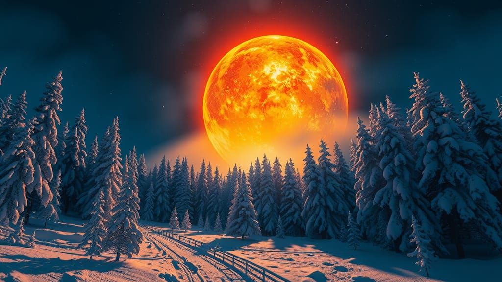 Fiery Orb Lights Snowy Forest in Hyperrealism