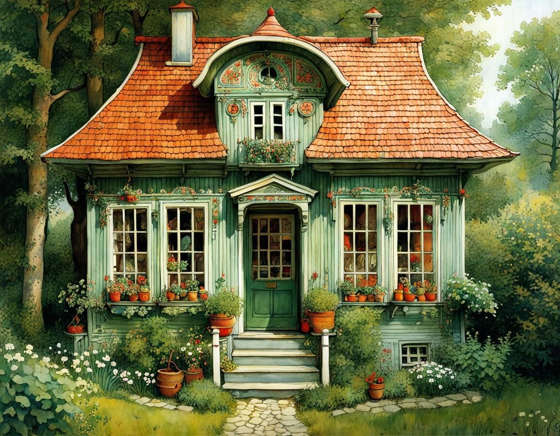 Cozy Crooked House Illustration: Detailed and Intricate