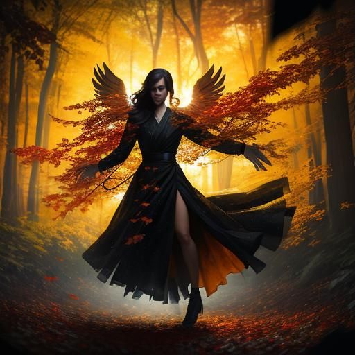 Autumn Angel Silhouette in Forest Double Exposure