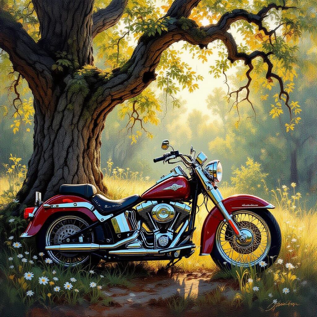 Weathered Motorcycle by Ancient Oak in Sun-Dappled Forest