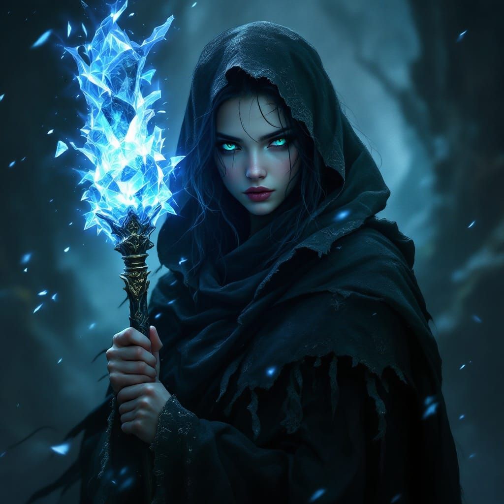 Mystical Sorceress with Frosty Staff in Dramatic Shadows