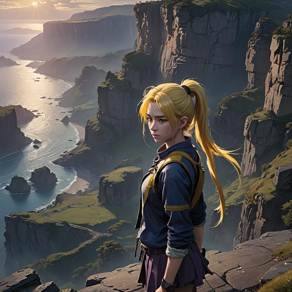 Anime-Inspired Digital Painting of Woman on Cliff