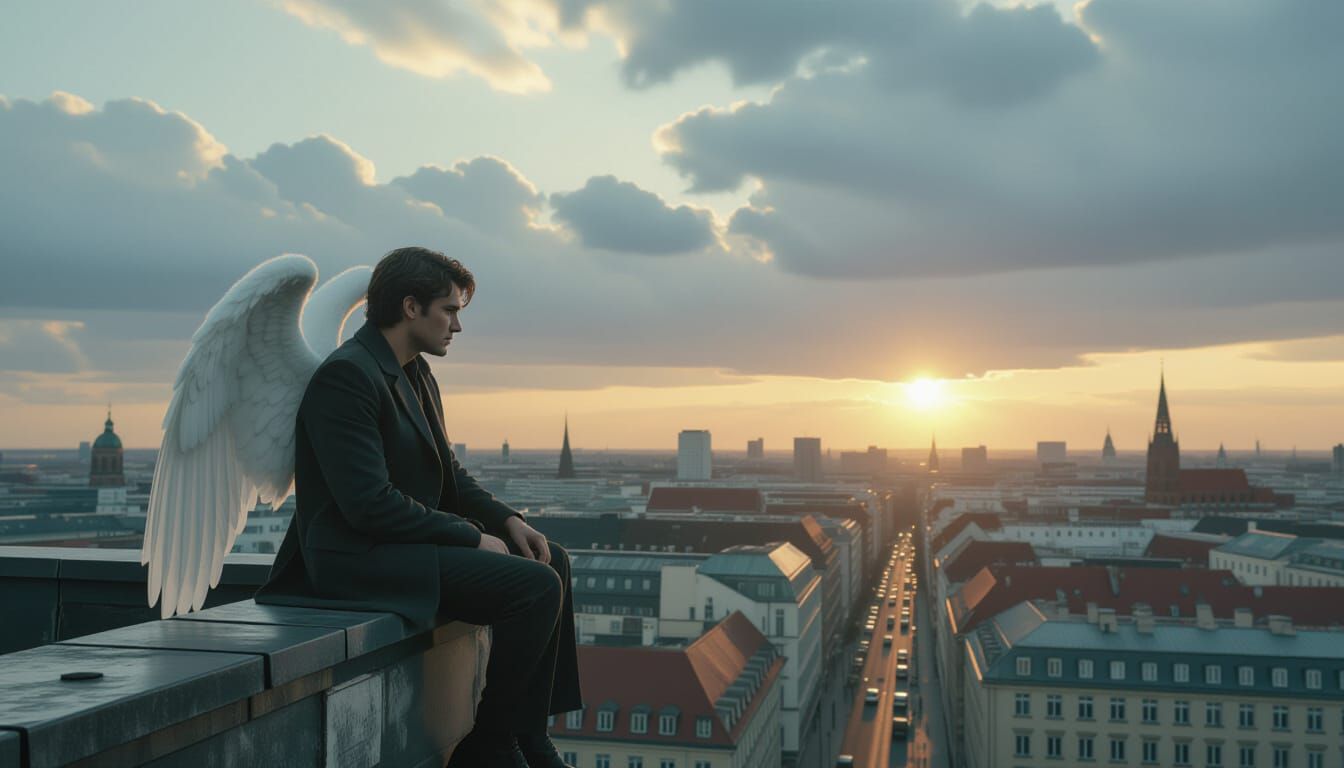 Angel on Berlin Rooftop in Film Noir Style
