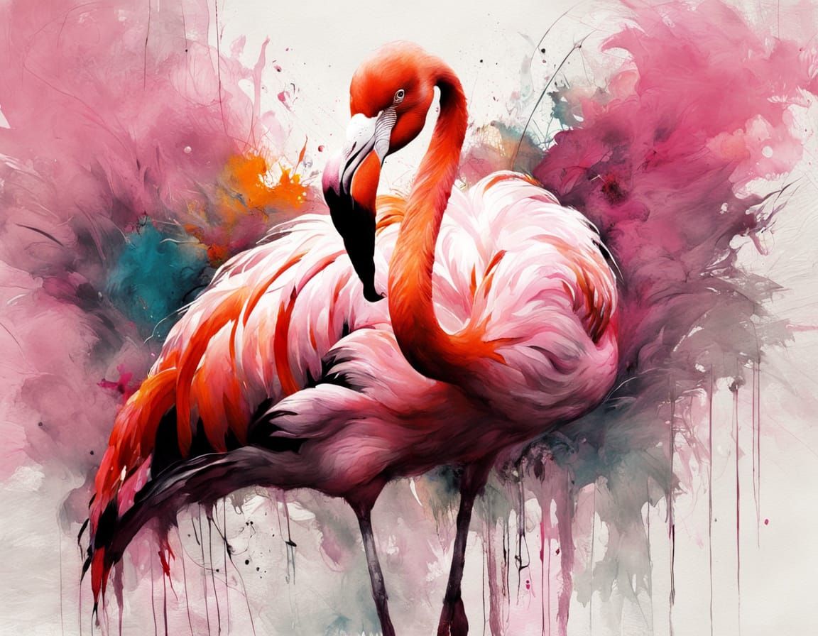 Vibrant Flamingo in Abstract Oil Painting