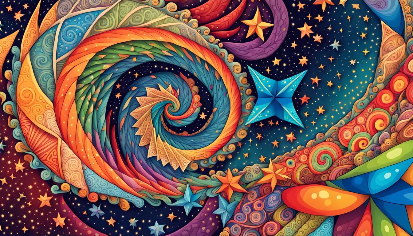 Cosmic Zentangle: Colorful Star Pinwheels in Folk Art Style