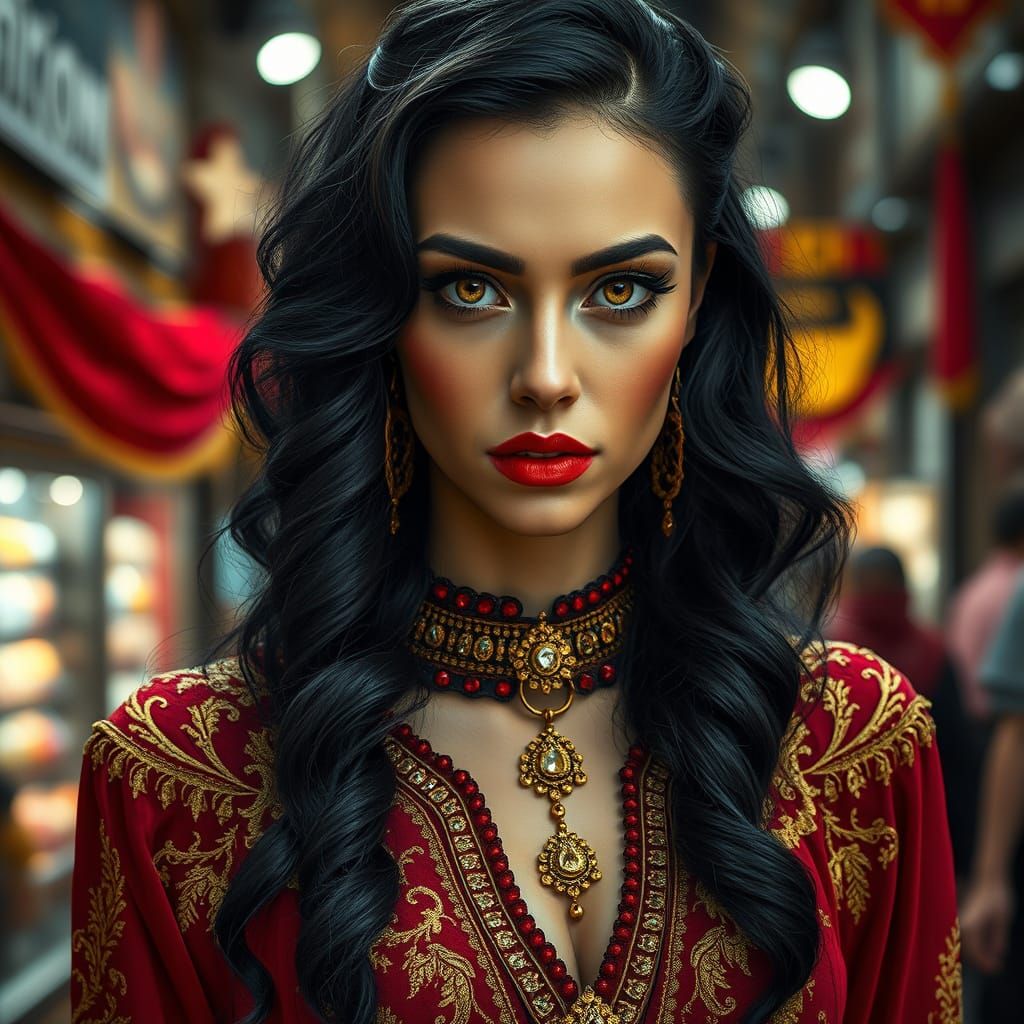 Exotic Gypsy Vampire with Hyperrealistic Beauty in a Bustlin...