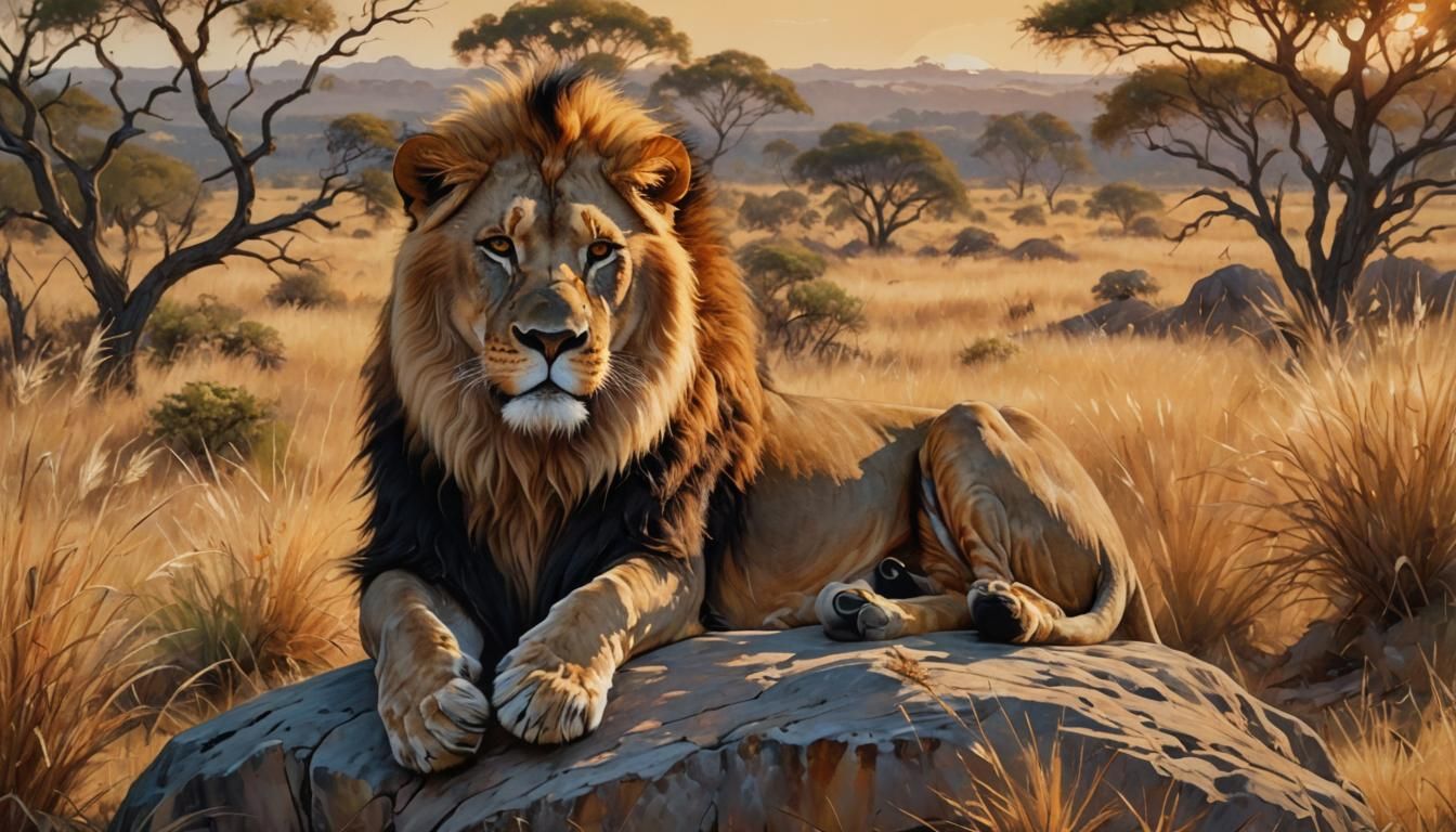 Lion in Savannah: Oil Painting Inspired by Van Gogh