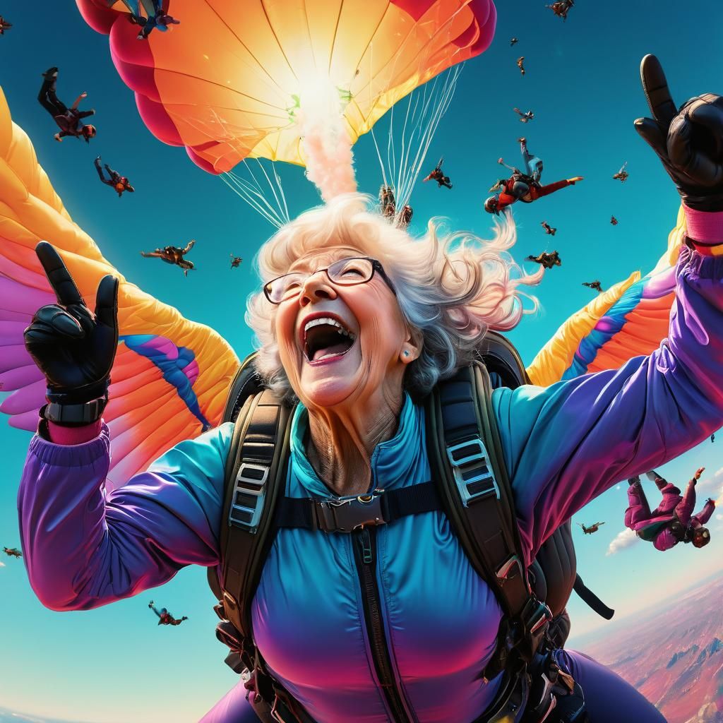 Joyful Skydiving Granny in Holographic Art Nouveau Style