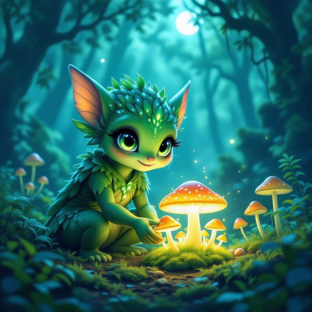 Bioluminescent Forest Spirit Tending Glowing Garden
