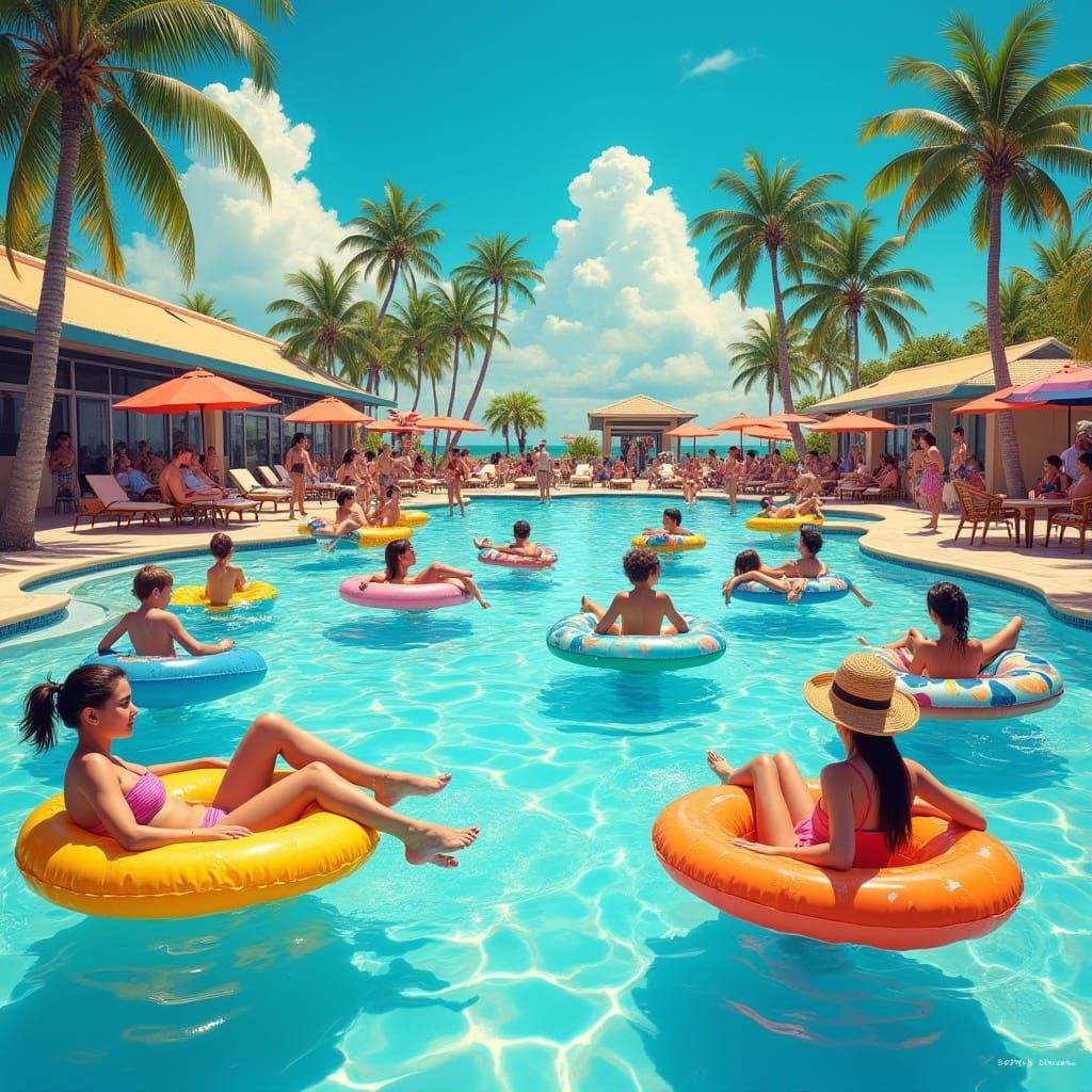 Vibrant Pool Party Scene in a Playful Artistic Style