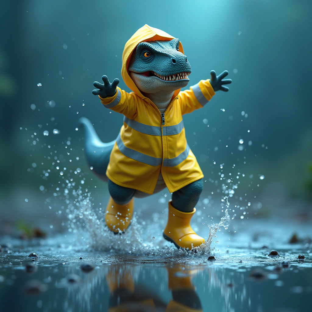 Baby T-Rex Leaps in Puddle with Raincoat
