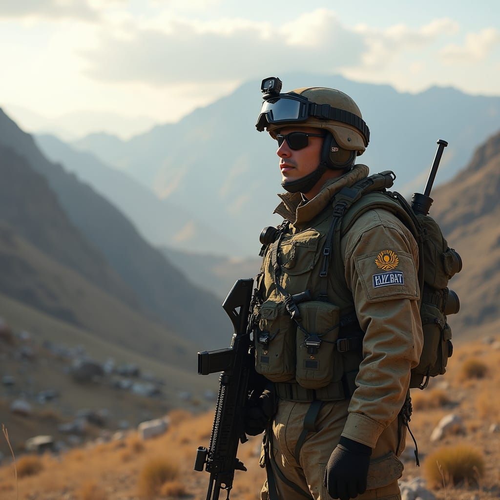 Kazakhstani Soldier in Tactical Gear Against Tajik Mountains