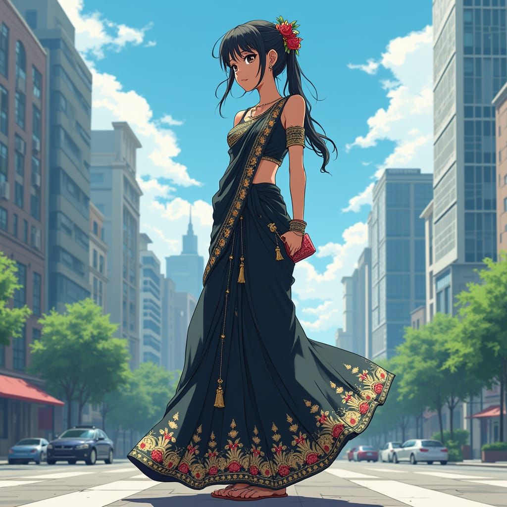 Anime Girl in Modern Black Saree, Inspired by Japanese Art