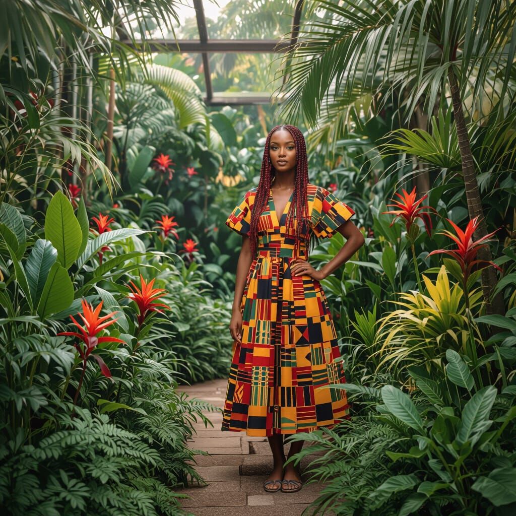 African American Woman in Kente Dress in Tropical Garden