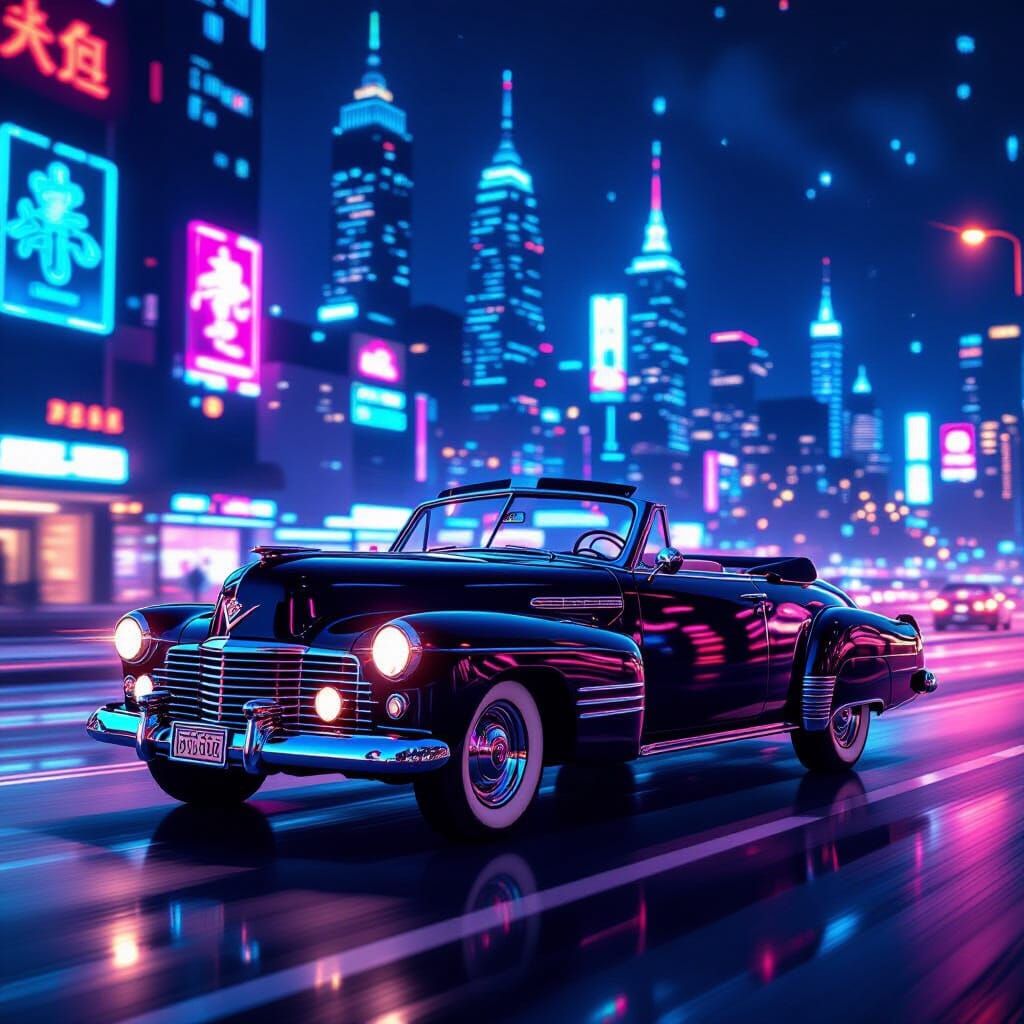 1941 Cadillac on Neon City Street at Night