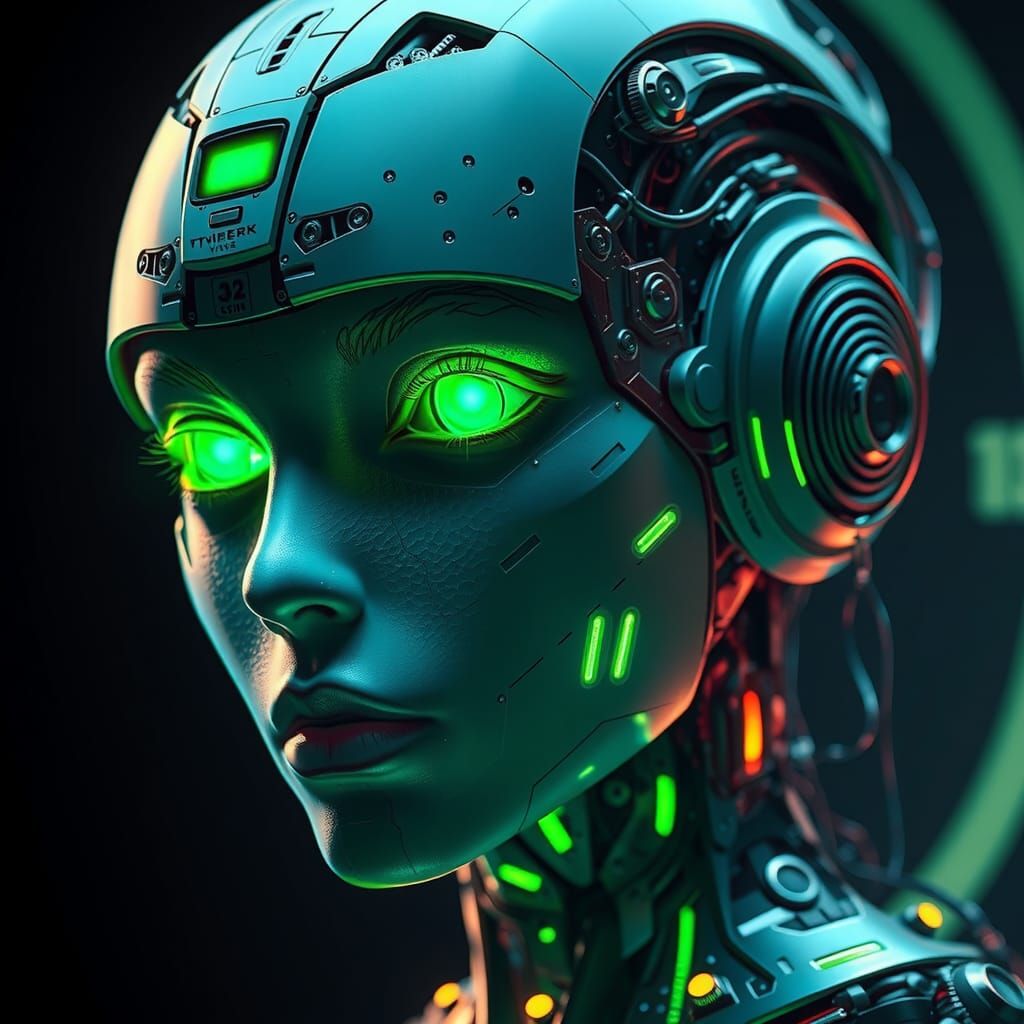 Green-Eyed Cyborg Portrait in Gritty Futuristic Style