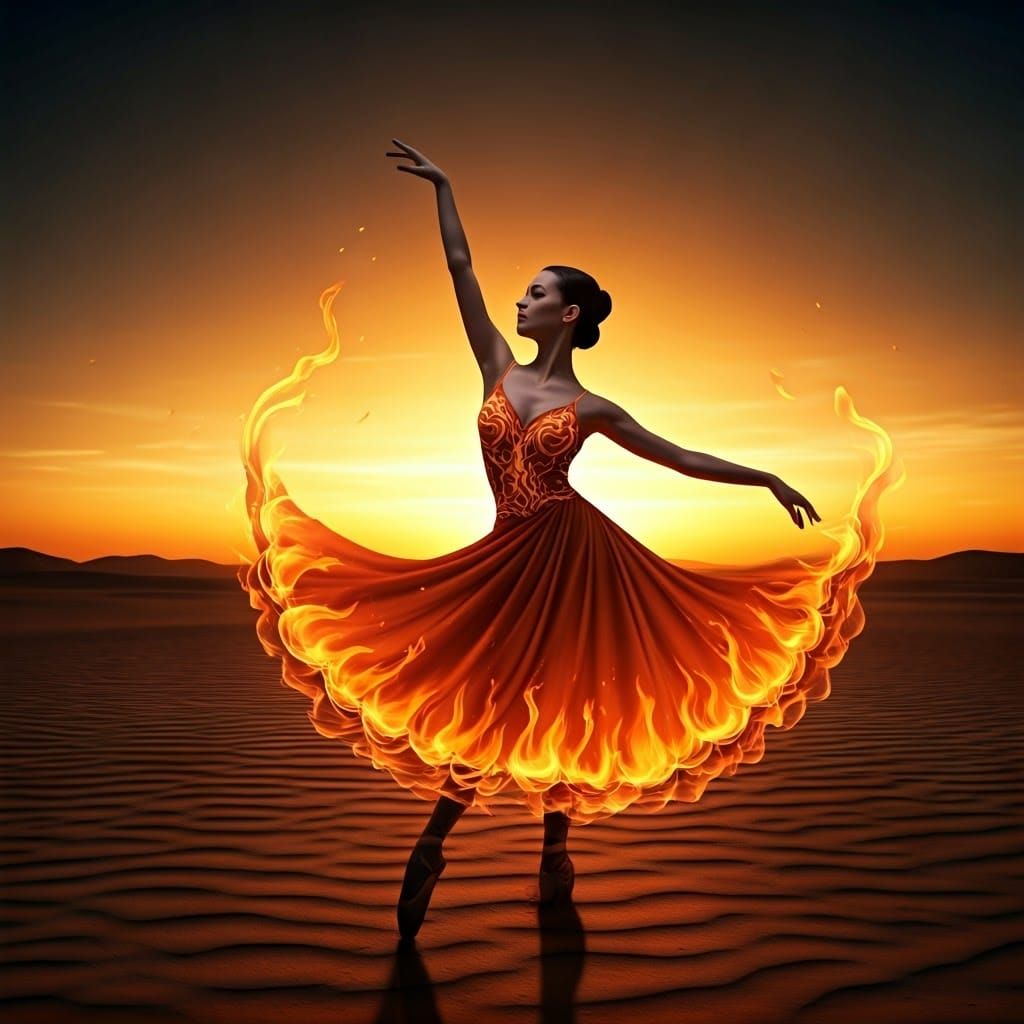 Flamenco Dancer in Fiery Dress, Desert Sunset