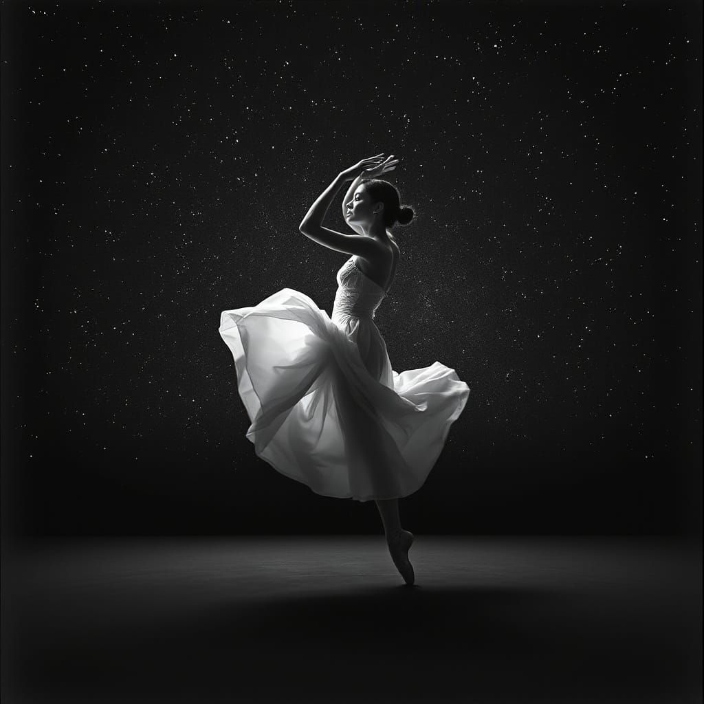 Dancer Leaping Under Starry Sky in Grayscale