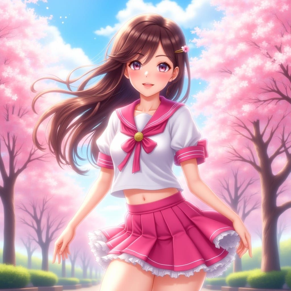 Anime Girl in Pink Sailor Uniform Amid Cherry Blossoms