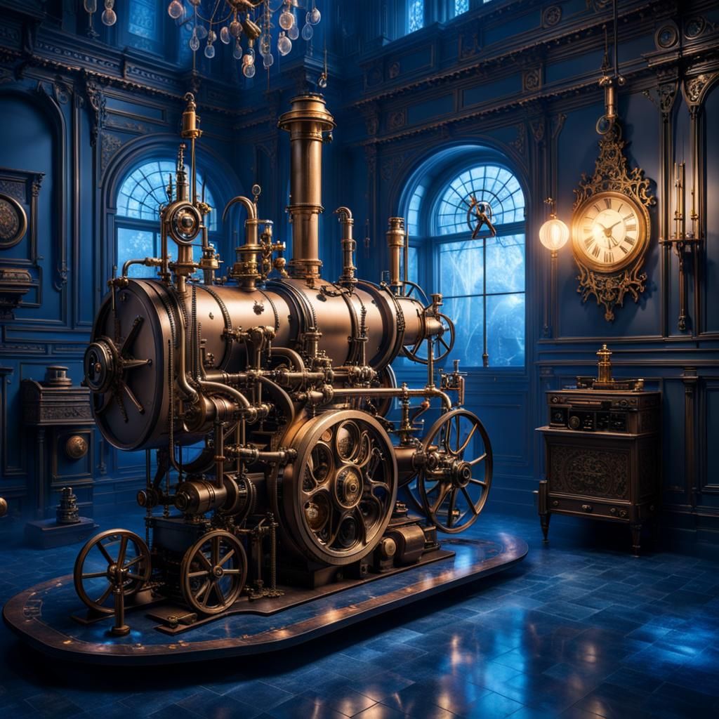 Magical blue lit room, featuring steam-powered machinery, Vi...