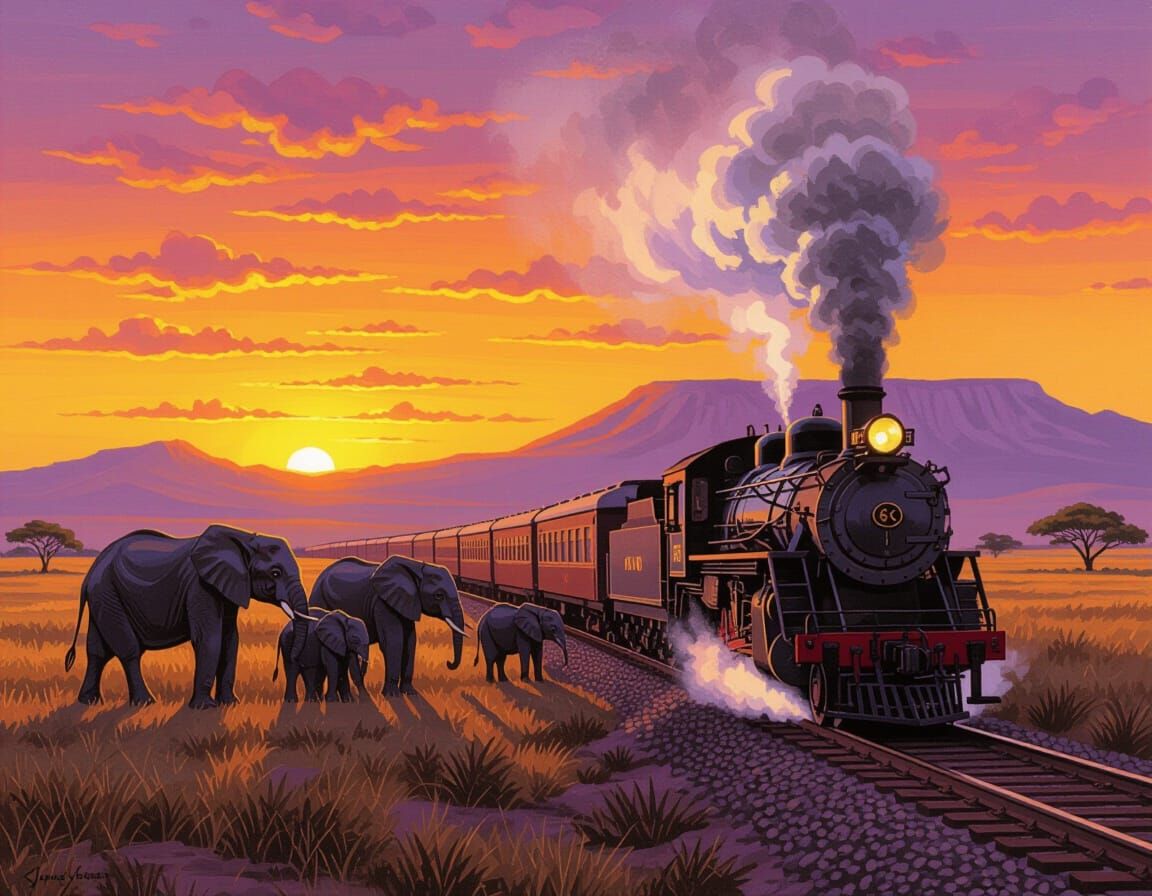 Elephants Watch Train at Sunset: Oil Painting