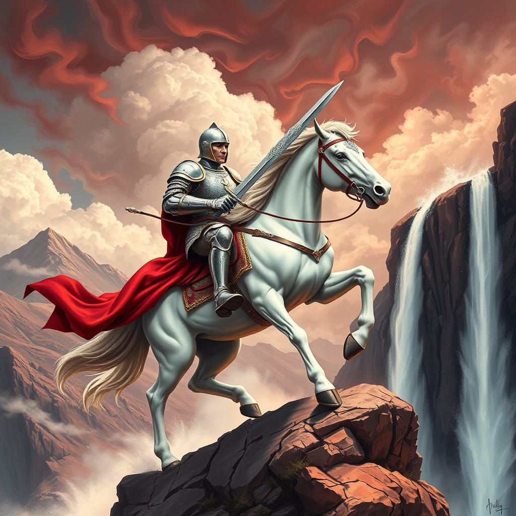 Majestic Knight Rides Horseback Through Dramatic Mountain La...