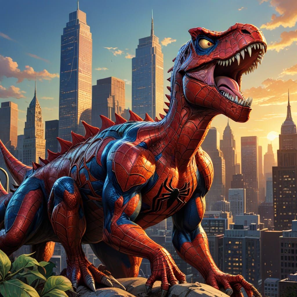 Spider-Man and Dinosaur in Comic Book Art Style