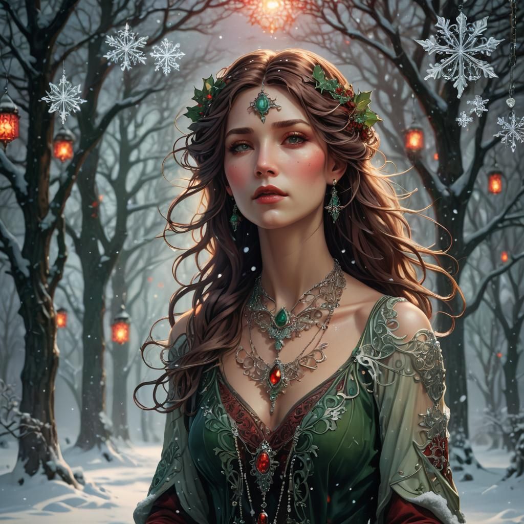 Fantasy Woman in Snow with Art Nouveau Necklace