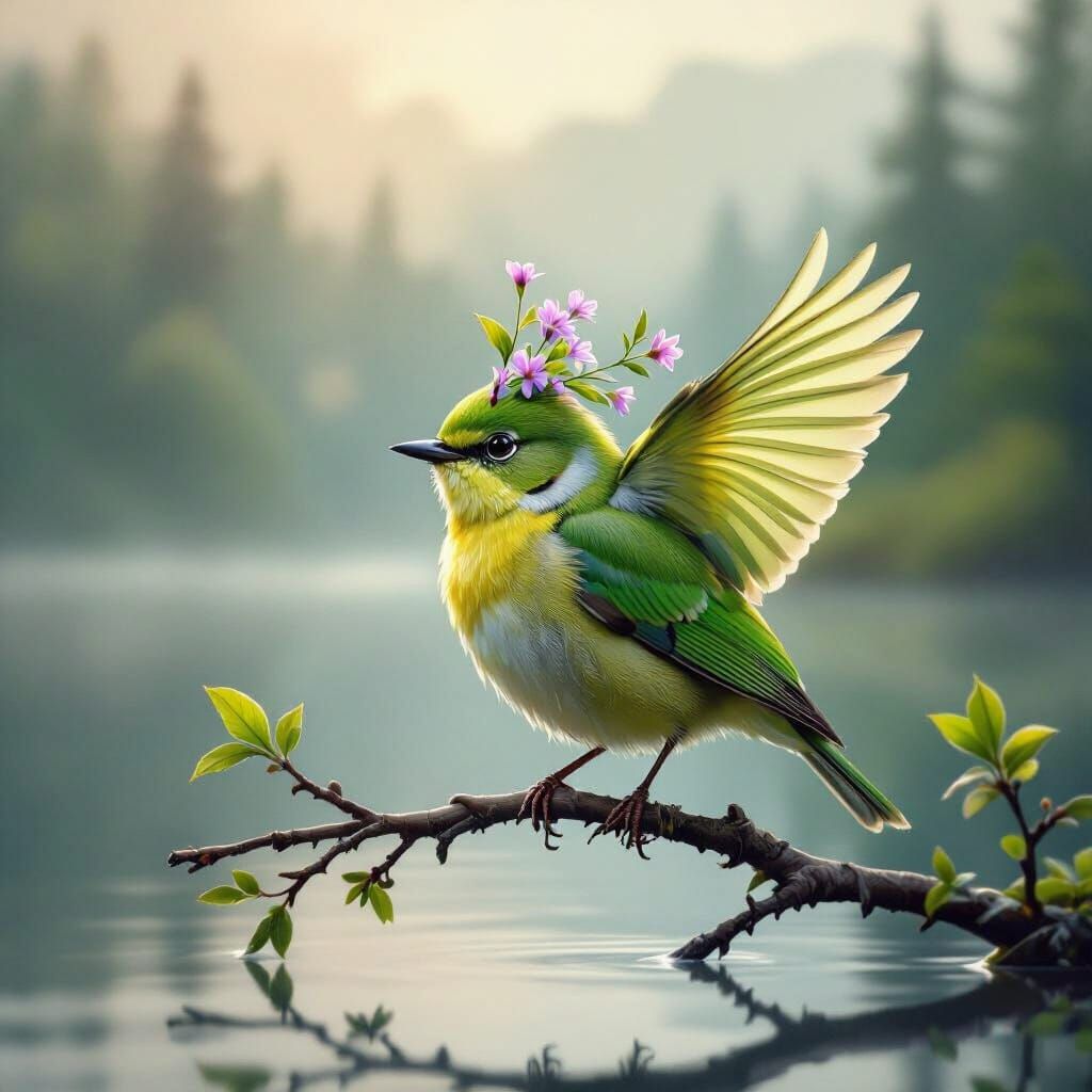 Green Bird with Floral Wings and Sprout Crown in Misty Lands...