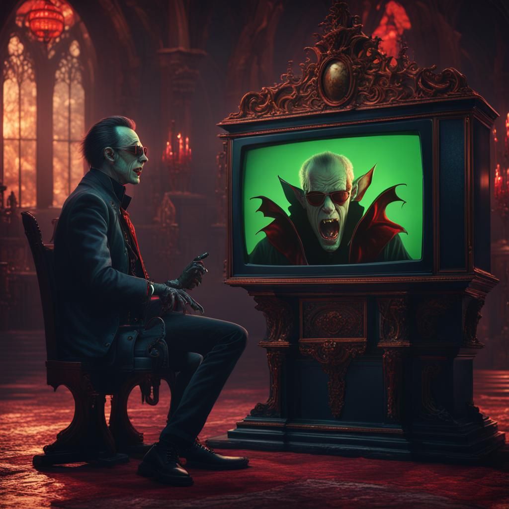 Vampire in Sunglasses Watching Television, Digital Art