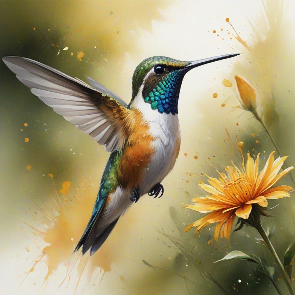 Jewel-Toned Hummingbird Near Golden Flower